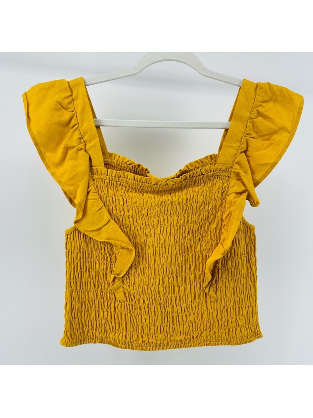 Monteau Linen Blend Smocked Flutter Sleeve Top in Mustard Yellow, NWT, Size XL